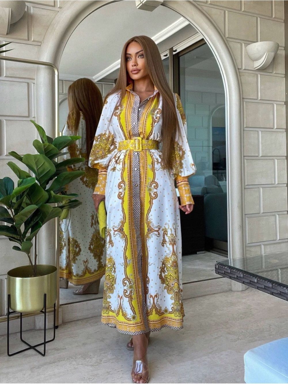White and Yellow Printed Maxi Shirt Dress with Matching Belt Size 6 - Picture 1 of 16